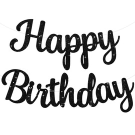 BEISHIDA Black Happy Birthday Banner - NO DIY, 10ft Pre-Strung Glitter Birthday Sign, Garland & Backdrop Decorations