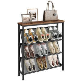 CHOEZON Shoe Rack, 4-Tier Slanted Shoe Storage Shelf, Narrow Shoe Rack for Entryway, Shoe Organizer with Adjustable Feet, Slim Shoe Shelf with Wooden Top and Metal Frame Rustic Brown and Black TXJ75BF