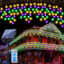 65ft Green Yellow Purple Mardi Gras Light Solar Icicle Light for Outdoor Decor Waterproof 600 LED Powered Karneval Curtain String Icicle Lights for Carnival Outside Yard Porch Garden Hang Tree Decor