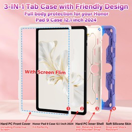 ROISKIN Honor Pad 9 12.1 inch 2024: Heavy Duty Rugged Cover for Tablet Honor Pad 9 with Screen Protector & Rotating Stand & Pen Holder & Shoulder Strap - Pink