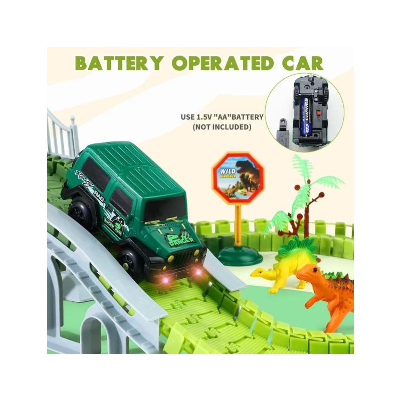 215 Pcs Glow-in-the-Dark Dinosaur Park Jurassic Race Track Train Playset