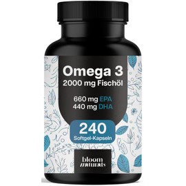 Omega 3 Capsules High Dose 2000 mg Fish Oil - 240 Softgel Capsules - of which 660 mg EPA and 440 mg DHA - Supports the Health of Heart, Brain and Eyes - Produced in Germany