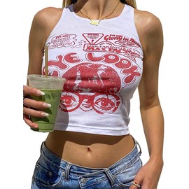 LQI Women's Tank Tops Eye Look Racerback Graphic Summer Tops Sleeveless Y2K Crop Top Medium D Red