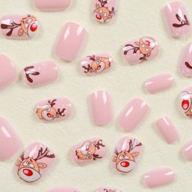 Christmas Press on Nails Short Square Fake Nails Xmas False Nails with Elk Design Winter Acrylic Nails Full Cover Acrylic Artificial Nails Glossy Glue on Nails Stick on Nails for Women Manicure 24Pcs
