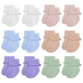 Toulite 12 Pairs Preemie Socks Baby Girls Boys Cotton Premature Ruffle Turn Cuff Sock for Hospital NICU Newborn (Pastel Color,Stylish Style)
