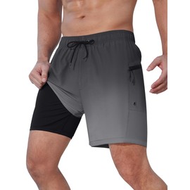 SILKWORLD Mens Swim Trunks with Compression Liner Quick-Dry 6" Stretch Swimming Shorts with Zipper Pockets Gradient Grey X-Large
