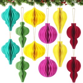 Watersay 12 Pcs Christmas Paper Honeycomb Ornaments Neutral Paper Lantern Ornament Vintage 3D Hanging Honeycomb Balls for Christmas Tree Party Decorations(Colorful)