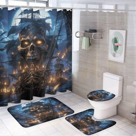 HOMCURSH Brebasf Vintage Skeleton Nautical Pirate Ship Shower Curtain Set Bathroom Set Decorative Watercolor Cool Mid Century Horror Pirate Ship 4 Piece Shower Curtain, Toilet Cover, U-Mat, Floor Mat