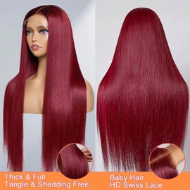 HALERP 32 Inch 99J Burgundy Lace Front Wigs Human Hair 200% Density 13x6 Straight Lace Front Wigs Human Hair Pre Plucked Red Lace Frontal Wig for Women Glueless Wig with Baby Hair Natural Hairline