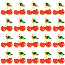 SUNNYCLUE 1 Box 60Pcs Enamel Cherry Charms Cherries Charms Bulk Alloy Vintage Red Metal Gold Flat Dangle Cute Fruit Pendants for Jewelry Making Supplies DIY Crafts Necklace Bracelet Earring Women
