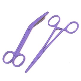 Precise Canada: Set of 2 Lister Bandage Scissors 5.5" + Hemostat Forceps Curved 5.5" Full Purple Color Stainless Steel
