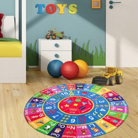 Round Baby Play Mat for Floor, ABC Alphabet, Numbers and Shapes Educational Area Rugs for Kids Toddlers Infant, Non-Slip Circle Nursery Rug Carpet for Children Bedroom Classroom Playroom