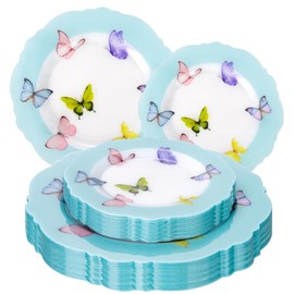 WDF 20PCS Blue Butterfly Plates - Baroque Spring Plates Disposable - Light Blue Butterfly Party Decorations for Birthdays/Tea Party/Bridal Shower/Mother's Day