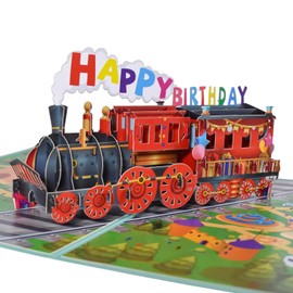 Happy Birthday Train Pop Up Card, 3D Art Greeting Card for Birthday, Kids, Boys, Men, Grandson, Friends, Daughter, and Son (Train Birthday Card)