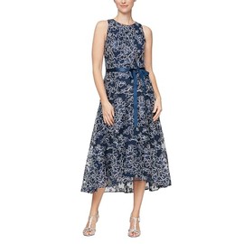 Alex Evenings Women's Sleeveless Midi Dress with Elegant Embroidery, Full Skirt and Tie Belt (Petite and Regular Sizes), Navy and Silver