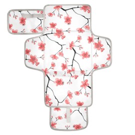 QwThum Portable Diaper Changing Pad Waterproof Foldable Travel Changing Mat with Built-in Pillow for Newborn Girls Boys Toddlers Moms Dads Parents Cherry Blossom