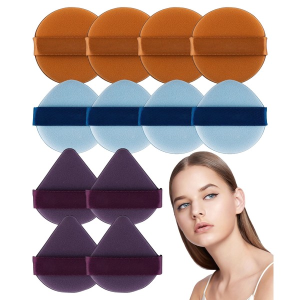 12 Pcs Powder Puff Reusable Makeup Sponges with Strap for Loose Powder Body Eyes Cosmetic Foundation Wet Dry Makeup Tool, Purple-Blue-Brown Genpar (12pcs)