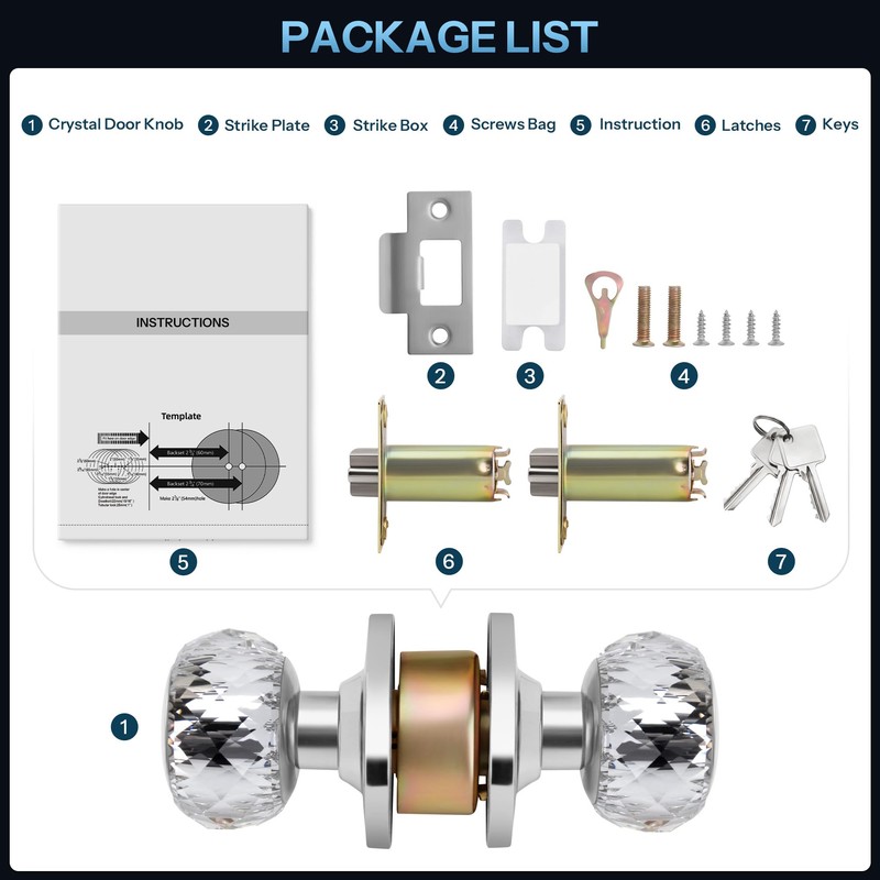 Gaurqiah Crystal Door Knobs with Lock and Keys, Interior Glass