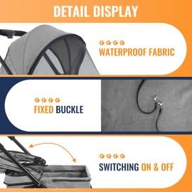 FDW Pet Stroller 3 in 1 Multi-Function Dog Stroller Jogging Stroller with Detachable Carrier, Lightweight Travel Stroller for Small and Medium-Sized Pets (Grey, 4 Wheels)