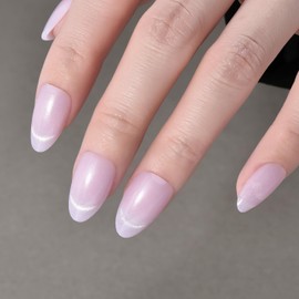 Stbisen Cat Eye Press on Nails Short Almond, Light Purple Press on Nails Almond, Fashion Gel Fake Nails, Reusable Acrylic Fake Nails, Glossy Stick on Nails for Women, Glue on Nails Kit, Smiling Glow