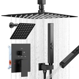 Shower Faucet Sets Matte Black Shower System,Bostingner Five Function Diverter Shower Faucets with 2 in 1 Handheld,10'' Ceiling Mount and 6’‘ Wall Mount Shower Head Rainfall Shower Set with Valve