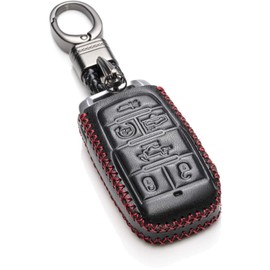 Vitodeco Genuine Leather Smart Key Fob Case Cover Protector Compatible with RAM 1500, RAM 2500, RAM 3500 2019 - 2025 (6-Button, Black/Red)
