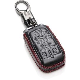 Vitodeco Genuine Leather Smart Key Fob Case Cover Protector Compatible with RAM 1500, RAM 2500, RAM 3500 2019 - 2025 (6-Button, Black/Red)