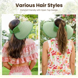 Summer Straw Hats for Women Beach Hat for Women Visor Hat for Women Uv Protection Foldable Sun Hat Womens Packable Sun Hat Women, Green/White