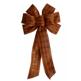 Dogwood Farm Market Large 10" Hand Made Metallic Orange Plaid Wired Bow Country Autumn Fall Wreath