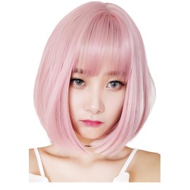 wig sweet short bob full wig bob straight semi-long natural wig wig adult short pink