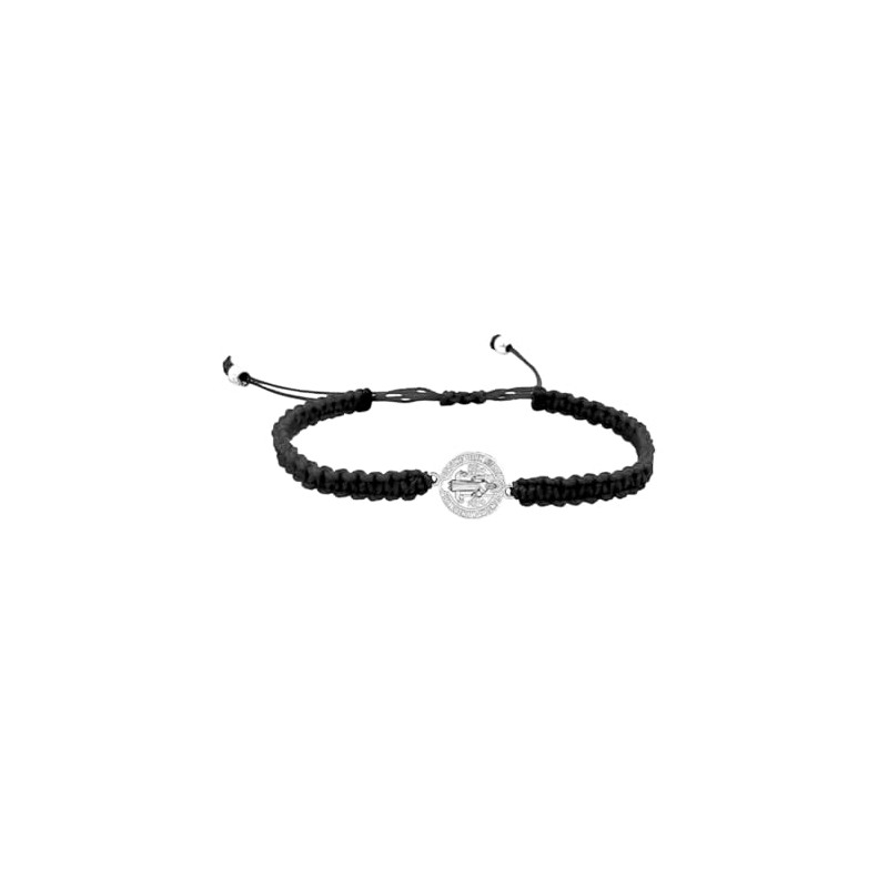 Pulsera Tejida De Hilo San Benito Medalla Ajustable Protección (Negra)
