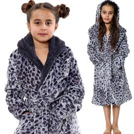 A2Z 4 Kids Soft Leopard Print Bathrobe Dressing Gown Nightwear Fleece Hooded - Bathrobe 125 Grey Leopard 7-8