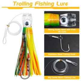Saltwater Trolling Lures for Tuna Mahi Marlin Dolphin Durado Wahoo Trolling Skirted Offshore Big Game Fishing Lures Deep Sea Squid Skirts Rig 6/9 inch