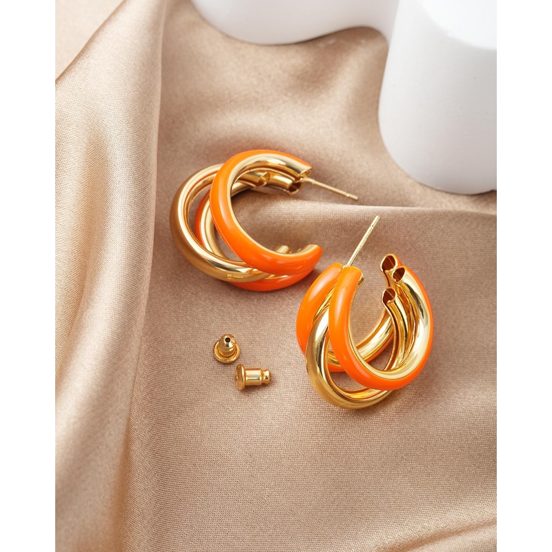 Gold Triple Hoop Orange Earrings, Thick Three Open Jewelry for