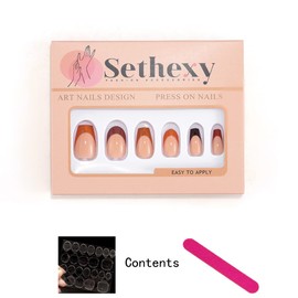 Sethexy Short Coffin&Oval False Nails Brown French Press on Nails Glossy Fake Nails 24Pcs Acrylic Stick on Nails for Women and Girls