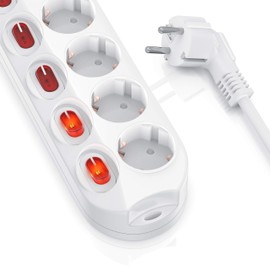 CSL Power Strip 5-Way Switchable with On/Off Switch for Each Socket - 5 Earthing Contact Sockets - Multiple Socket - up to 3680 W - IP20 - 1.5 m Power Cord - White