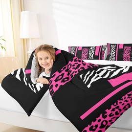 Leopard Zebra Skin Comforter Set King Size,Cheetah Wild Animals Rustic Bedding Set,Girls Women Room Decor,Geometric Squares Patchwork Down Comforter,Rose Pink Romantic Duvet Insert,2 Pillowcases