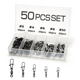 Piscorush 50/100Pcs Rolling Fishing Swivels with Clips Set Rolling Swivel with Duo-lock Snaps Barrel Fishing for Carp Fishing Lure Snap Swivels Tackle Accessories (50Pcs - #2#4#6#8#10)