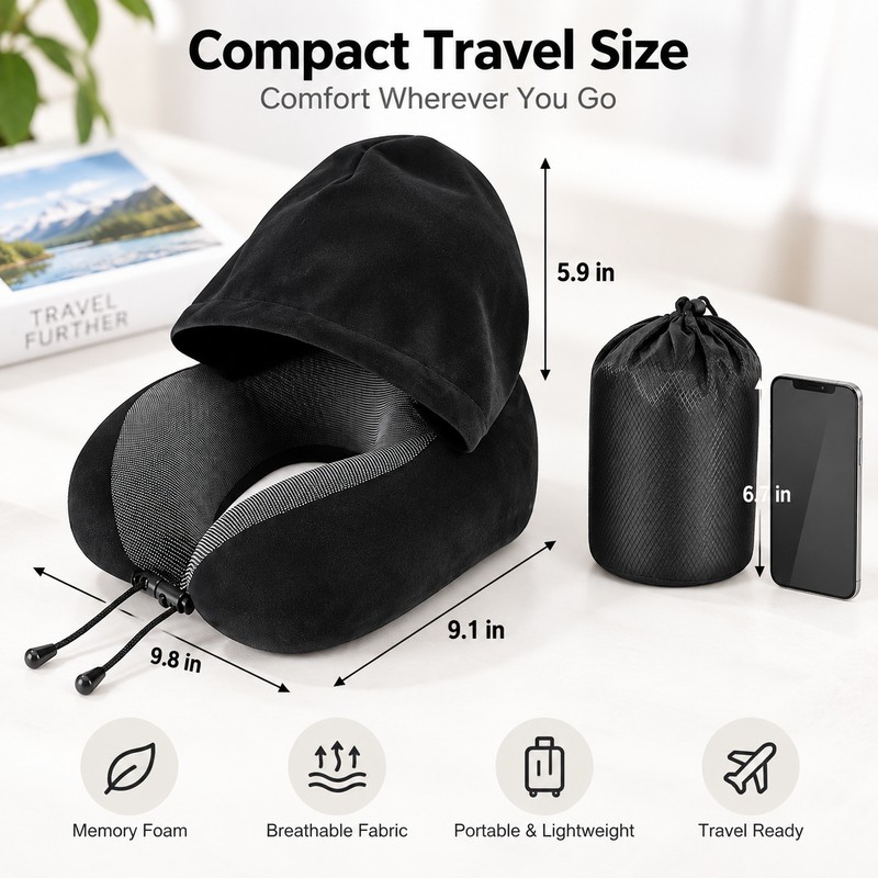 Hooded Travel Neck Pillow for Airplane & Car – U-Shaped