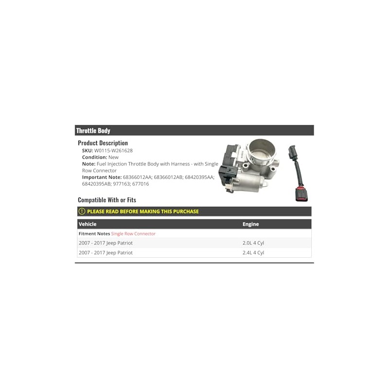 Throttle Body - Compatible with 2007-2017 Jeep Patriot 2.0L 2.4L