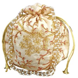 Pack of 1 Women Handicrafts and jewellery Designer Potli Bags or Wristlets or rajasthani batwa for Wedding Royal Clutch Silk Batwa Hand Bag Zari Work Potli Parties, Best for gifting (Gold)