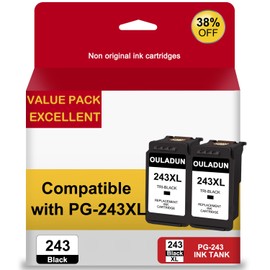 PG-243XL Black Ink Cartridges Combo Pack Replacement for Canon PG-243 243XL 243 2 Pack for Pixma MX490 MX492 TR4520 TS3322 TR4522 TS3122 MG2922 MG2520 MG2522 Printers （2 Black）