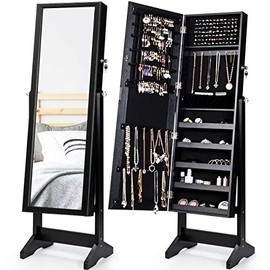 CHARMAID Jewelry Cabinet Armoire with Full-Length Mirror, Freestanding Lockable Jewelry Organizer Box with Large Storage Capacity, Mirrored Wooden Jewelry Cabinet, 4 Angle Adjustable (Black)