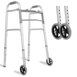 Vive Folding Walker for Seniors - Sturdy Steel Foldable Frame for Adults - Standard Walker with 5” Front Wheels and 2 Rear Ski Glides - Supports up to 300lbs, Adjustable Height