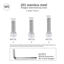 DAZISEN 11Pcs Bicycle Parts - Mountain Road Bike Bottle Cage Bolts M5 Socket Cap Screw Stainless Steel Handlebar Stem Fixing Screw, Silver, (M5x18)*10+Screw Wrench*1