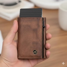 Fa.Volmer Pop-up card case with coin compartment made of genuine leather for men and women, 11 cards, RFID protection, wallet, Antique Brown, XL coin pocket, Small coin compartment