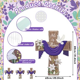 3 Pcs Easter Yard Outdoor Decorations Easter Cross Yard Sign He Is Risen Sign 31.4 Inch Religious Outdoor Easter Decorations with H Stands for Easter Party Lawn Patio Garden Decor