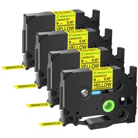 GREENCYCLE Compatible for TZe-621 TZe621 TZ621 TZ-621 AZE Tape 9mm 0.35 Inch 3/8" Black on Yellow Laminated Label Tape for PTD210 D400AD D600 PT-H100 PTH110 PT1290 PT-1230PC, 4 Pack