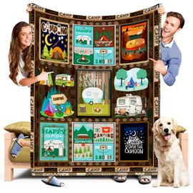 LINGXUQK Camping Flannel Fleece Blanket Retro Camping Bus Flannel Blanket Camper Decor Happy Camper Lightweight Warm and Comfortable Plush Blanket