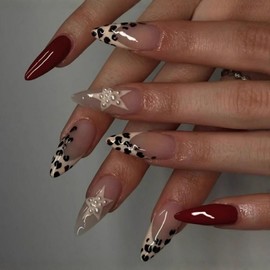 Medium Almond Press on Nails MABKJLF French Tip Fake Nails False Nails with Leopard Print Stars Pearls Designs Full Cover Glossy Glue on Nail Acrylic Nail for Women Girls 24Pcs